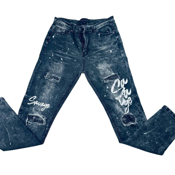 Encrypted Men’s Jeans 34x32 Black Distressed Paint Splatter Savage Graphic Denim - Picture 1 of 6